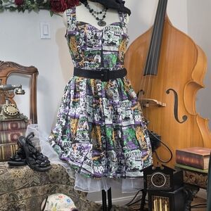 Hell Bunny Black, Purple, Green & Orange Comic Print Party Dress